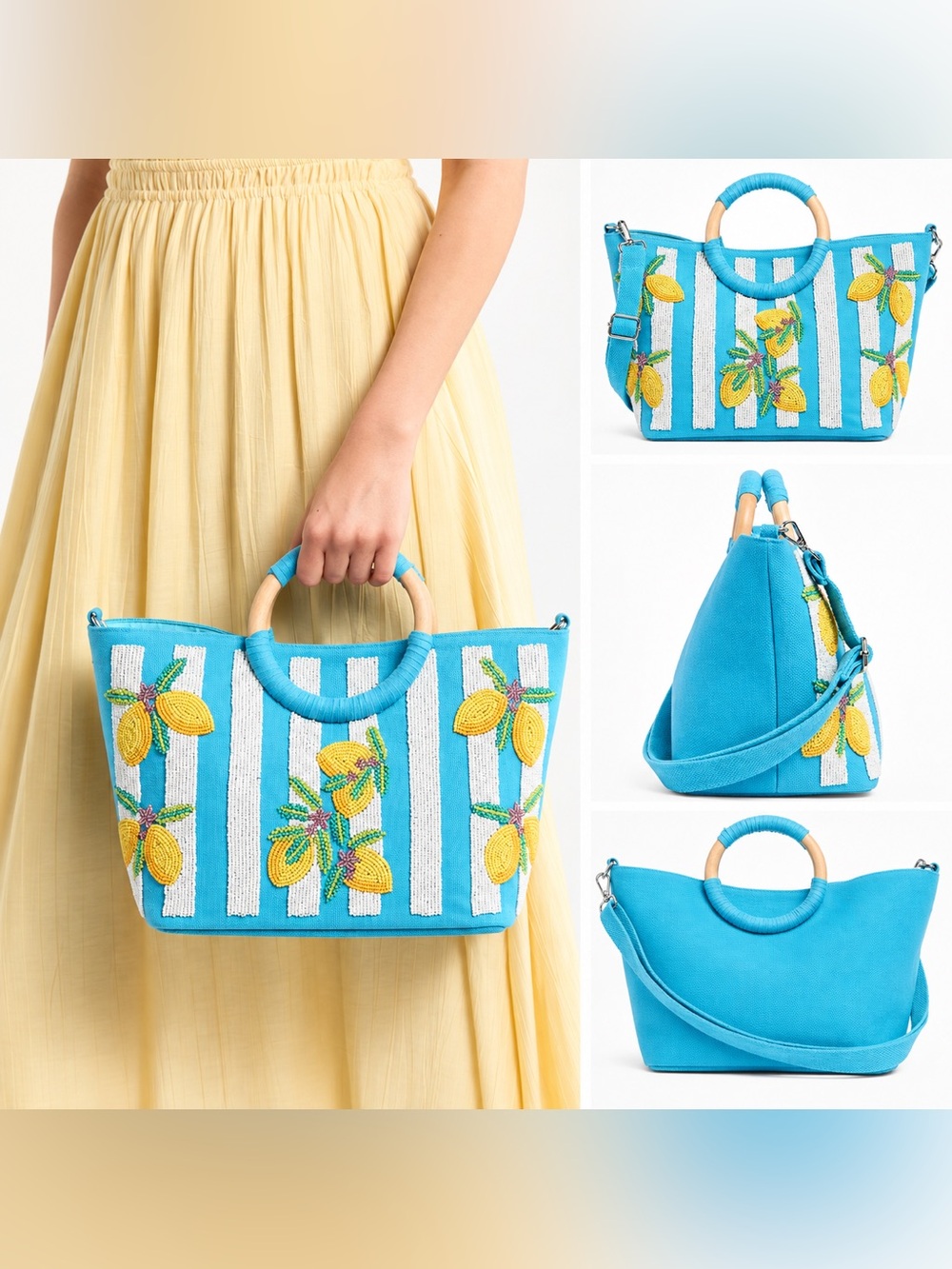 Sol and Mer Beaded Lemon Stripe Canvas Tote Crossbody Bag NWT